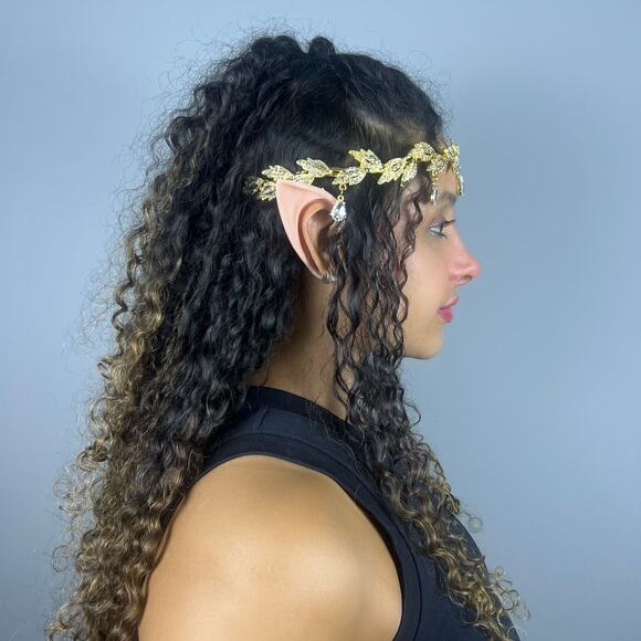 Gold Elf Tiara Crown with Clear Gem & 2 Pairs Elf Ears Fairy Cosplay Costume - Picture 3 of 9